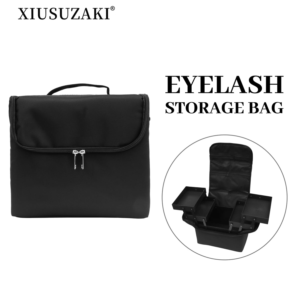 XIUSUZAKI Portable Eyelash Storage Box Eyelash Extension Tools Bag Cosmetic Case Black