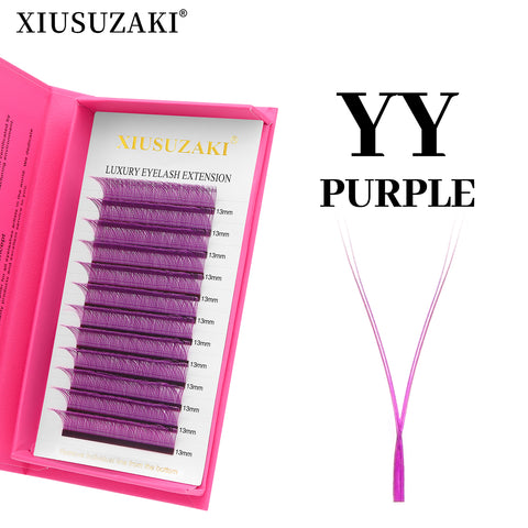 XIUSUZAKI YY Shape Eyelash Extensions Blue Purple Waved carton box Premade Volume Lashes Fluffy Natural