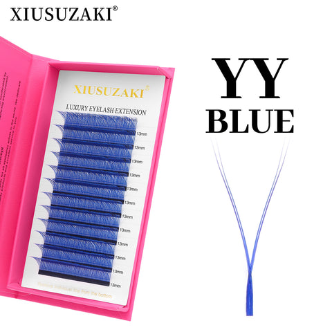 XIUSUZAKI YY Shape Eyelash Extensions Blue Purple Waved carton box Premade Volume Lashes Fluffy Natural