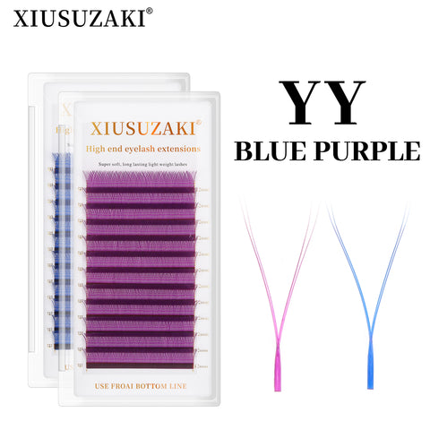 XIUSUZAKI YY Shape Eyelash Extensions Blue Purple Waved 4D Premade Volume Lashes Fluffy Natural